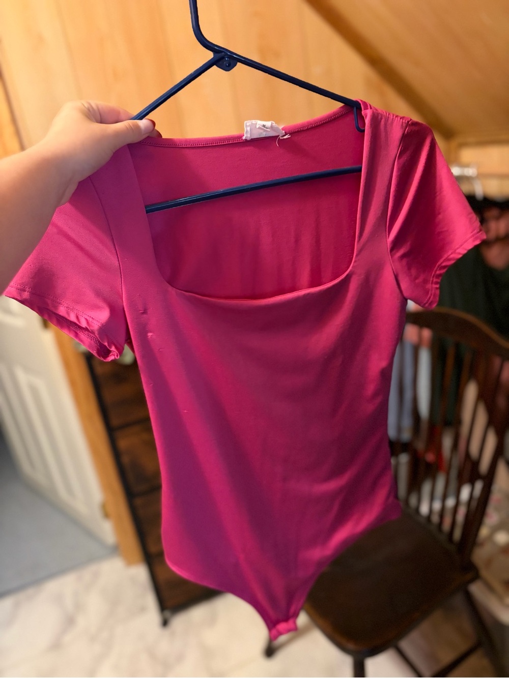Square Neck Short Sleeve Bodysuit in Fuchsia